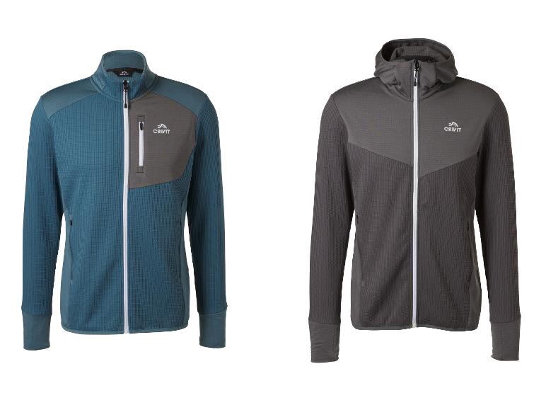 Twee heren fleece jassen: een blauwgroene en een grijze, beide met witte rits.