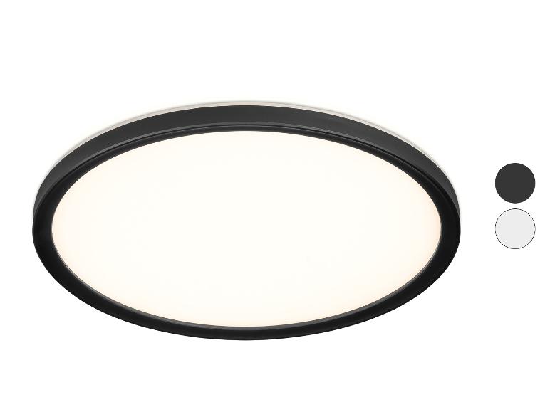 Ronde plafondlamp met zwarte rand, wit licht en twee kleurkeuzes.