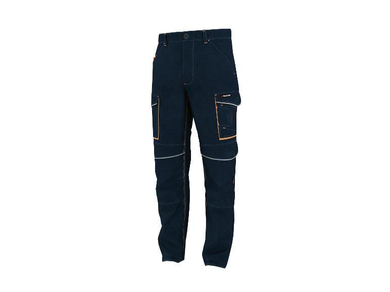 Parkside donkere denim werkbroek met oranje details en reflectoren.