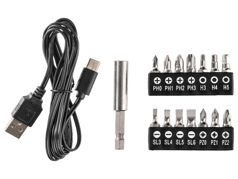 USB-oplaadkabel en een magnetische schroevendraaierbitset.