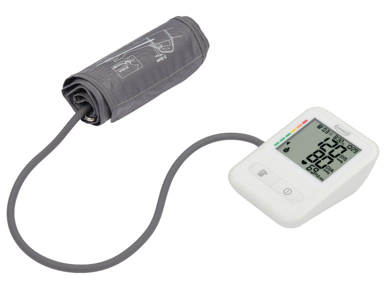 Bloeddrukmeter met manchet en digitaal display dat 120/80 mmHg toont.