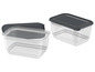 Twee transparante plastic opbergdozen met grijze deksels.