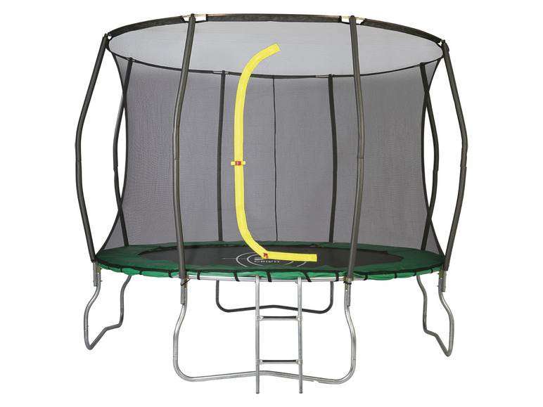 Een ronde trampoline met veiligheidsnet en ladder.