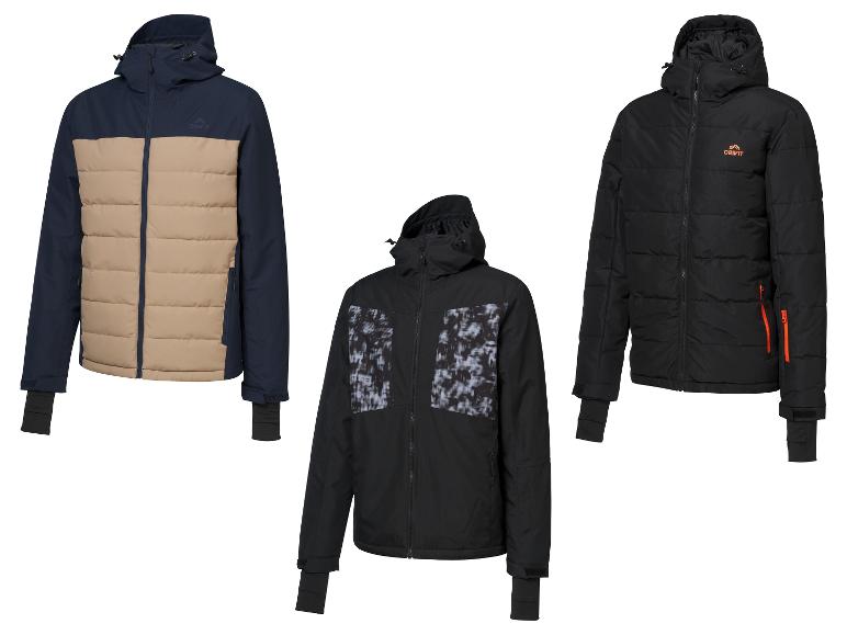 Drie heren winterjassen: één marineblauw en beige, één zwart met een patroon op de borst, en één effen zwart.