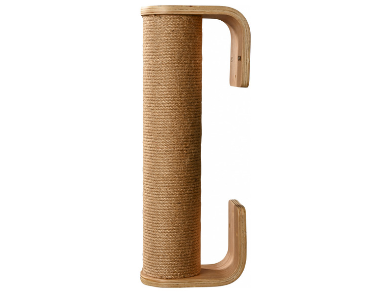 Een houten krabpaal met een touwbeklede paal.