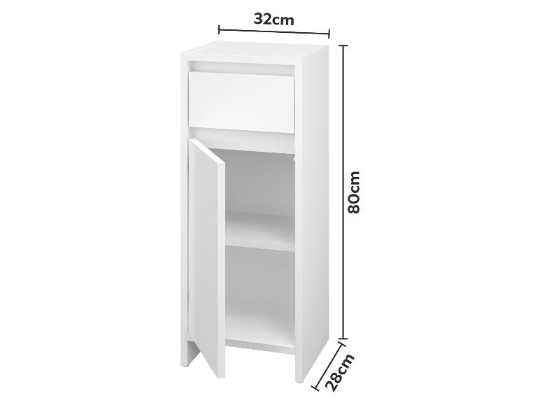 Witte opbergkast met een lade en een deur, afmetingen 32x80x28cm.