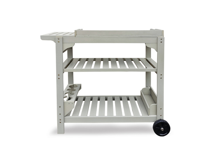 Een grijs houten dienblad met wielen en planken.