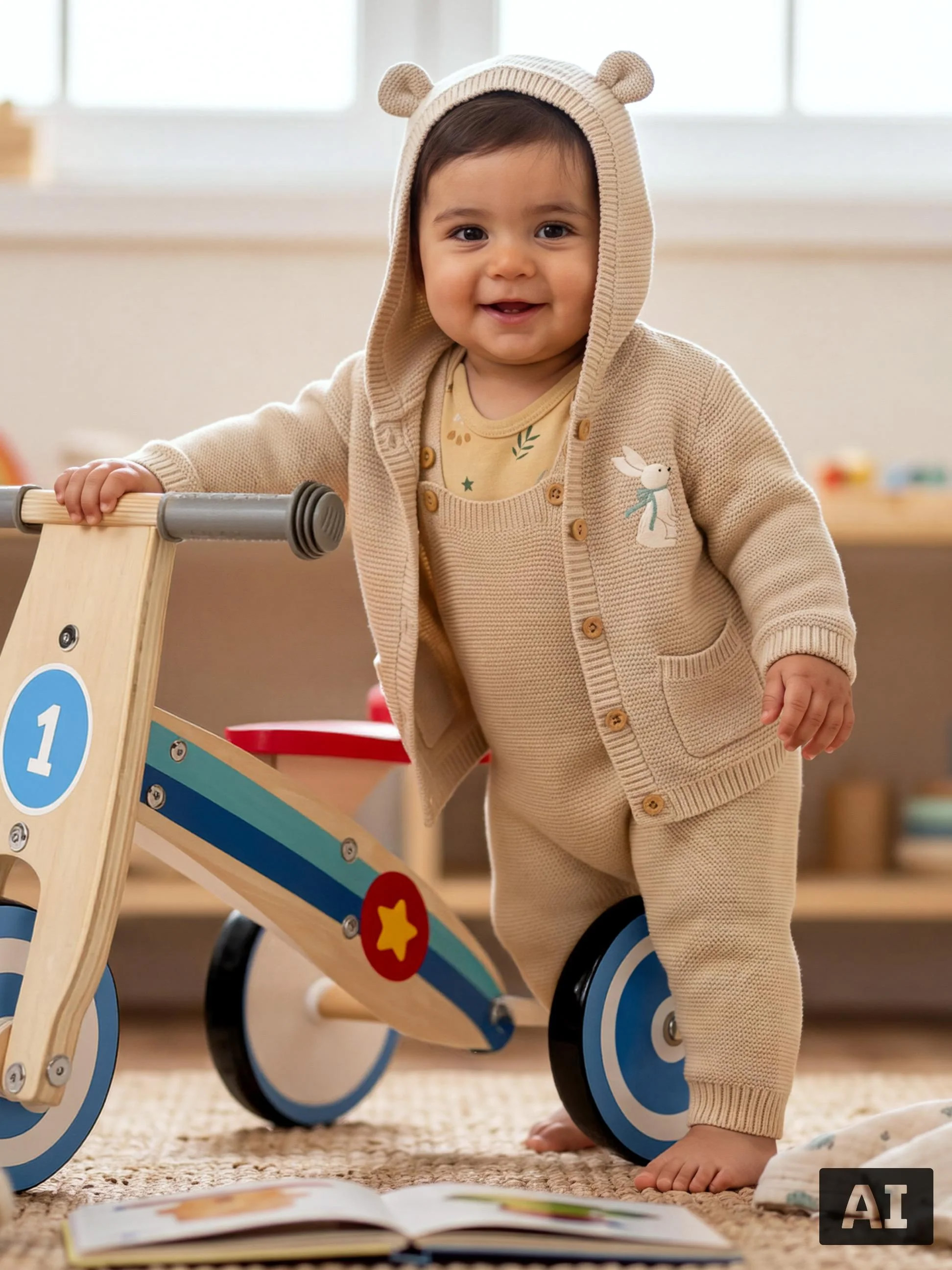 Peuter in een gebreide capuchonoverall staat naast een houten loopfiets.