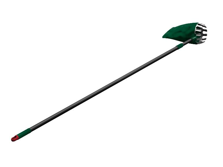 Fruitplukker met een lange zwarte steel en een groene opvangmand.