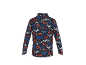 Shirt met lange mouwen en vossen- en bergpatroon in rood, blauw en wit op een donkerblauwe achtergrond.