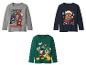 Drie jongens kerstshirts met lange mouwen: Justice League, Paw Patrol en Mickey Mouse.