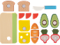 Houten speelgoedeten: brood, kaas, avocado, wortel, radijs, tomaat en snijplank met mes.
