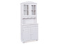 Witte houten dressoir met glazen deuren en lades.