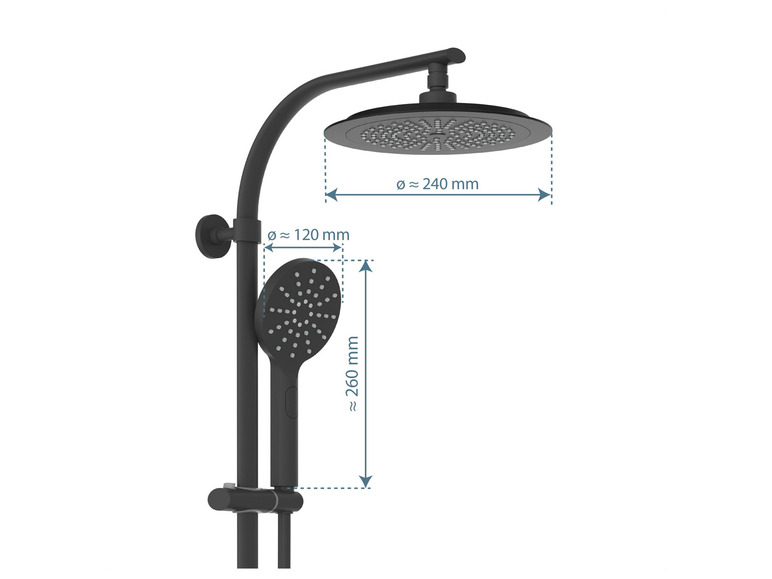 Een zwarte douchekop met een diameter van 240 mm en een handdouche met een diameter van 120 mm.