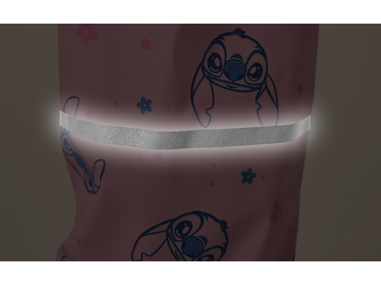 Roze kinderregenlaarzen met Stitch-personage en bloemmotieven, met reflecterende band.