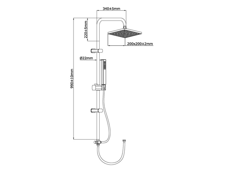 Een schets van een douchekop met een lange slang en een handdouche.