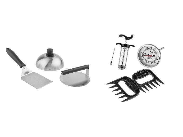Barbecuegereedschapset met spatel, pers, marinade-injector, thermometer en vleesklauwen.