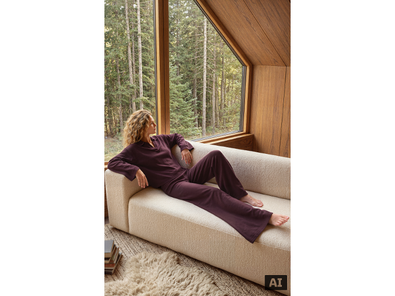 Vrouw in pruimkleurige loungewear ontspant op een bank bij een groot raam met uitzicht op een bos.