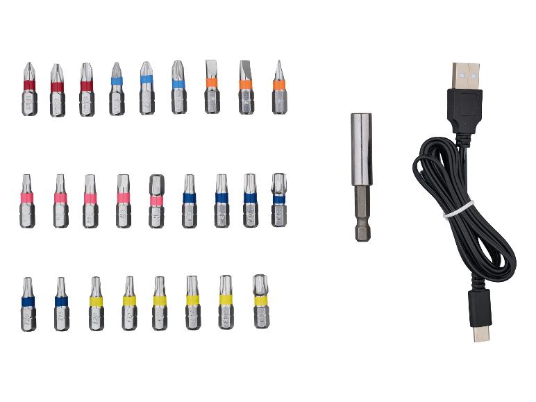 Schroevendraaierbitset met diverse koppen, een magnetische houder en een USB-oplaadkabel.