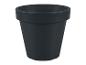 Donkergrijze plastic bloempot met een bredere rand aan de bovenkant.