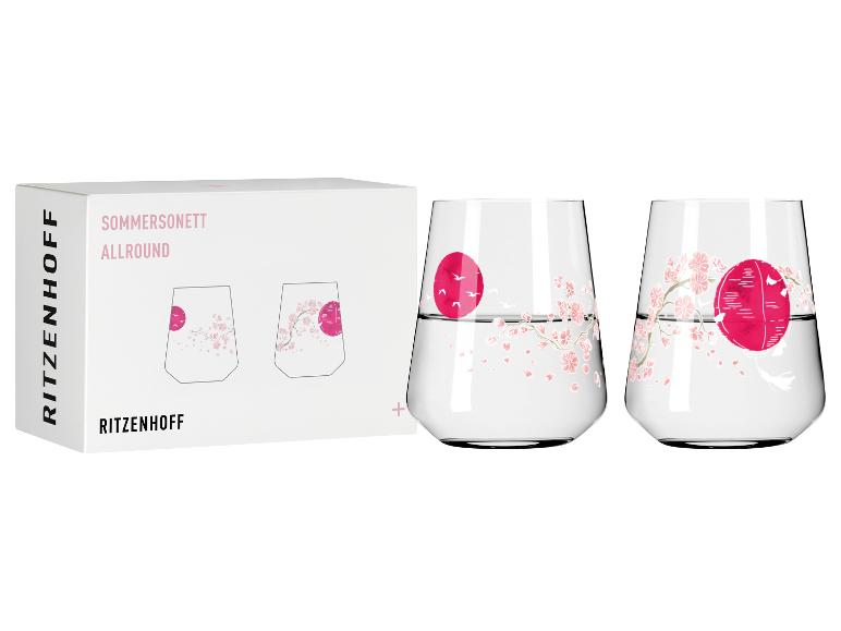 Twee glazen met kersenbloesemmotief en een doos met de tekst 'Sommersonett Allround'.