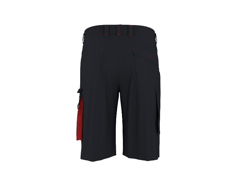 Donkere werkshorts met rode details en cargozakken, achteraanzicht.