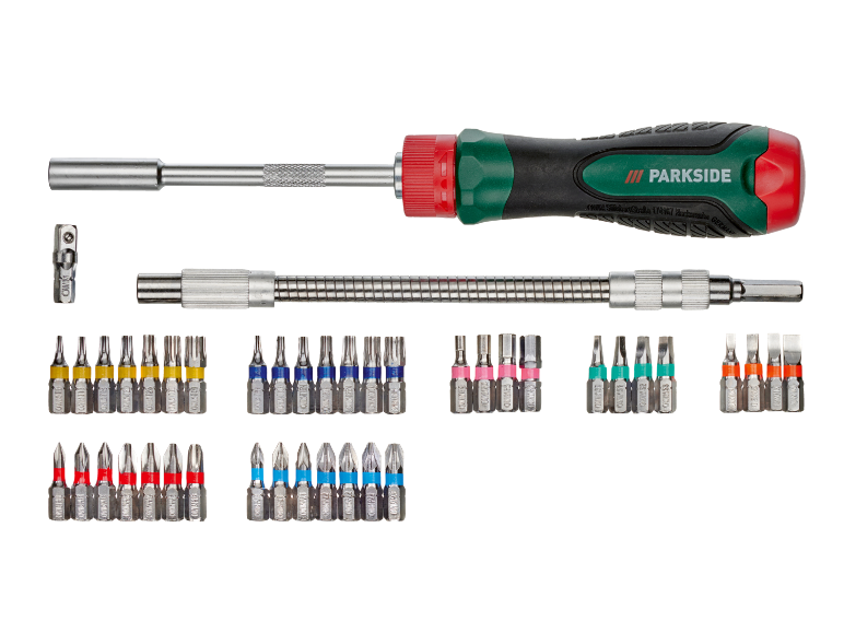 Schroevendraaierset met flexibele as, bithouder en diverse bits.