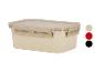 Beige rechthoekige voedselcontainer met deksel en zijclips, met kleurstalen.