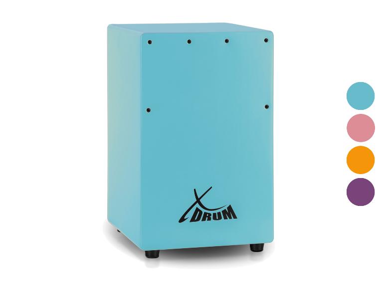 Een turquoise Xdrum percussiebox met kleuropties aan de zijkant.