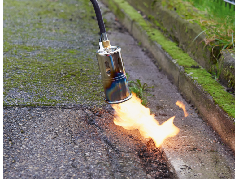 Thermische onkruidbrander in actie op een bemost pad.
