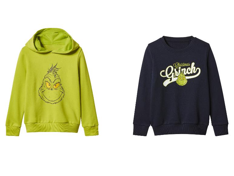 Twee Grinch-hoodies: één groen met Grinch's gezicht, de andere marineblauw met de tekst „Christmas Grinch“.