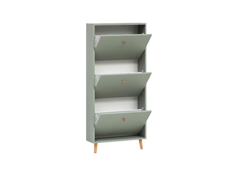 Mintgroene schoenenkast met drie kantelbare lades en houten poten.