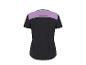 Dames sporttop met korte mouwen in zwart met paars bovenpaneel en reflecterende strip.