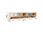 Houten wandplank met drie lades in wit, grijs en blauw, en vijf metalen haken, met afmetingen.