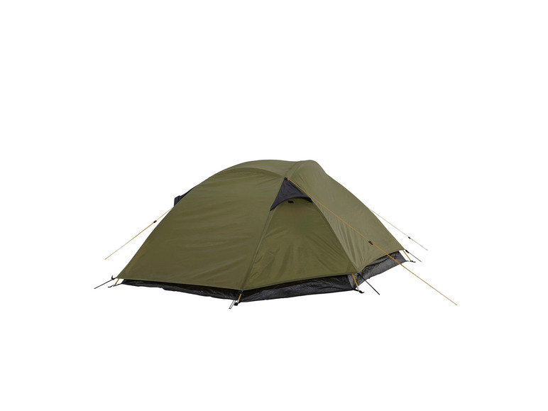 Een groene tent met gele touwen en een zwarte bodem.