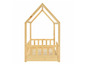 Een houten kinderbed in de vorm van een huis.