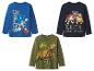 Drie shirts met lange mouwen: Sonic, Paw Patrol en Jurassic Park.