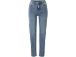 Blauwe damesjeans met rechte pijpen.