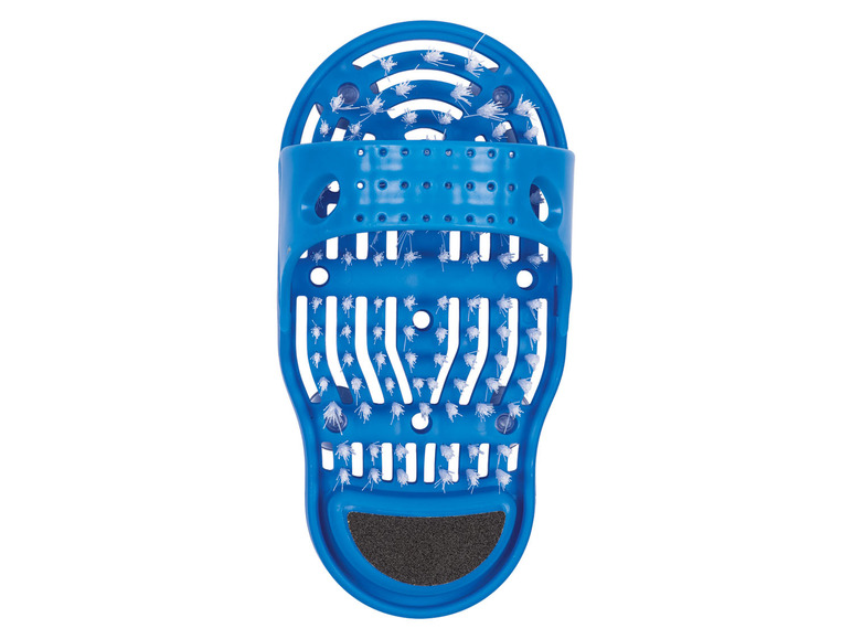 Blauwe voetenschrobber met borstels en een schuurvlak.