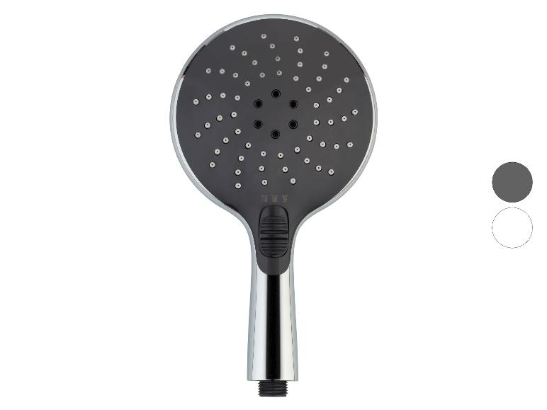 Handdouchekop met chroomafwerking en zwart sproeioppervlak, met een modusselector.
