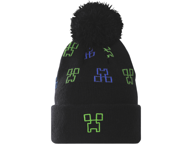 Zwarte gebreide muts met pompon en groen-blauwe creeper-motieven