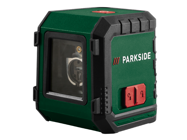 Groene en zwarte laserwaterpas met rode knoppen en een helder venster dat interne componenten toont