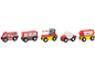 Houten speelgoedtreinset met brandweerwagen, goederenwagon, slagboom en tankwagen.