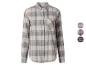 Vrouwelijk grijs en beige geruit overhemd.