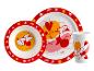 Disney Minnie Mouse servies: bord, schaal, beker, rode hartjes.