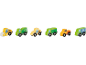 Zes houten speelgoedvoertuigen: wals, vuilniswagen, wiellader, kiepwagen, takelwagen en vrachtwagen.