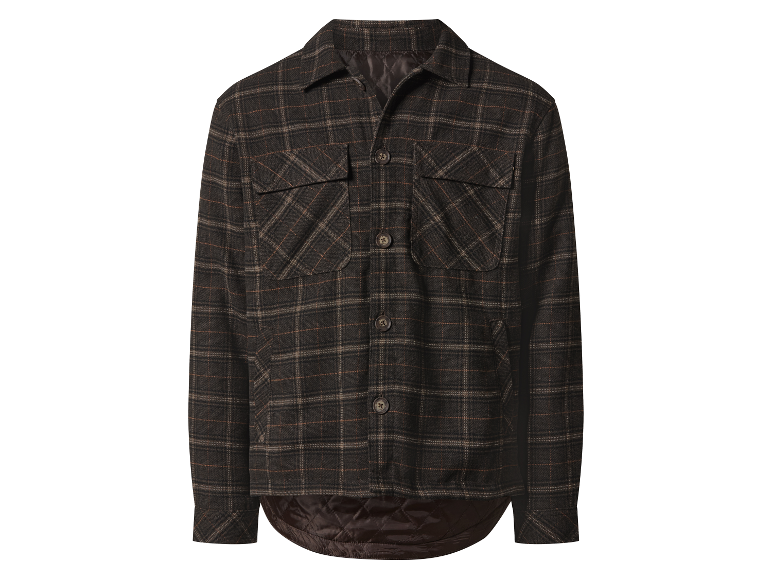 Een donkerbruin geruit flanellen overhemd.