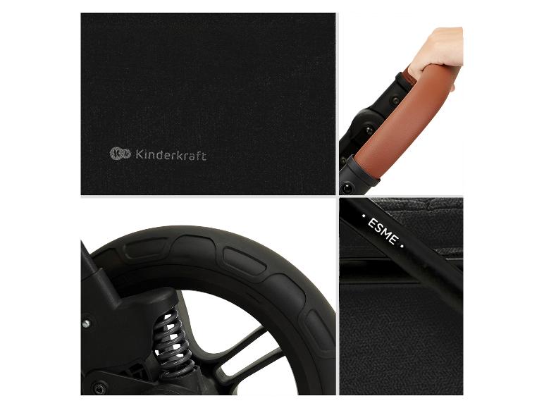 Details kinderwagen: handvat, wiel en textiel.