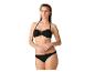Zwarte damesbikini met reliëftextuur en metalen ring.
