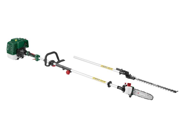 Multifunctioneel tuingereedschap met motor, handvat, heggenschaar en kettingzaag.